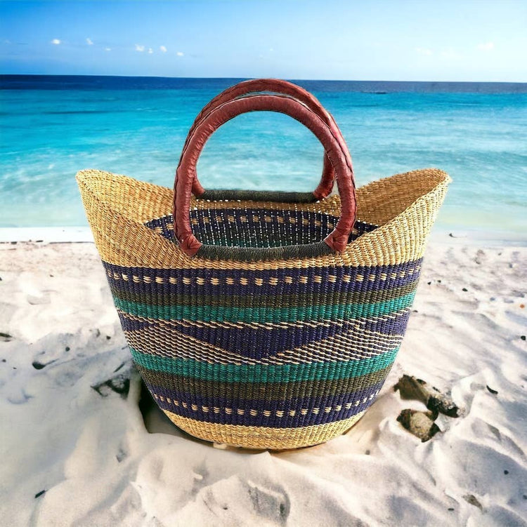 Green & Blue U-Shopper Yikene - Ghana Beach Tote Bag/Basket - Brown Handles: Medium:13"-14" x H: 9"-10"