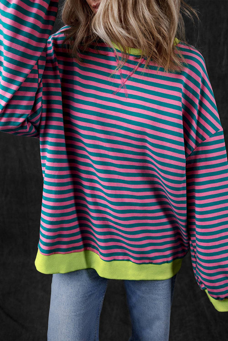 Lovesoft - Stripe Oversized Contrast Trim Pullover Sweatshirt: Green Stripe / 95%Cotton+5%Elastane / S