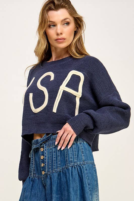 Miss Love - USA CROPPED PULLOVER LETTER SWEATER: Navy / S