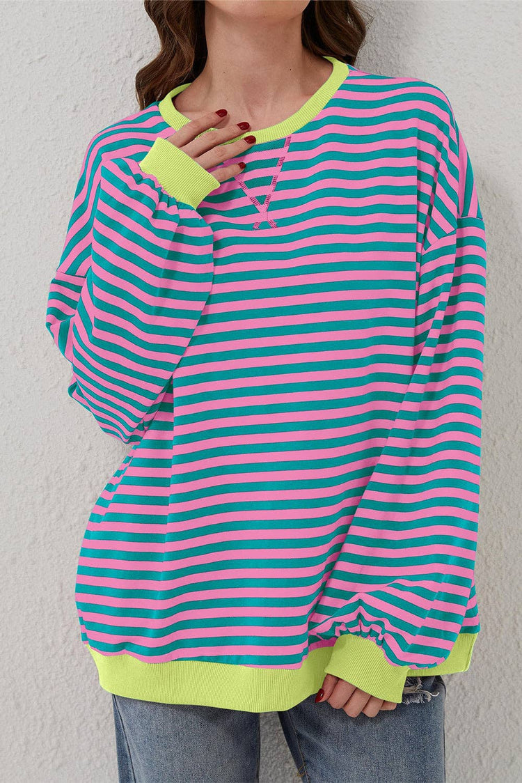 Lovesoft - Stripe Oversized Contrast Trim Pullover Sweatshirt: Green Stripe / 95%Cotton+5%Elastane / L