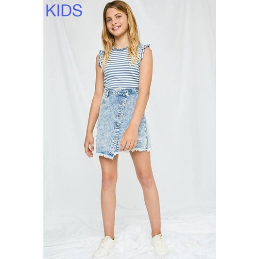 Paperdoll - Girls Distressed Asymmetric Wrap Denim Skirt: Light Denim / L