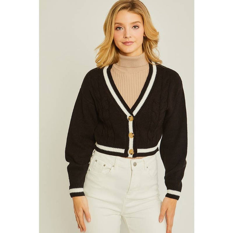 Paperdoll - Striped Trim Cable Knit Crop Cardigan: BLACK / L