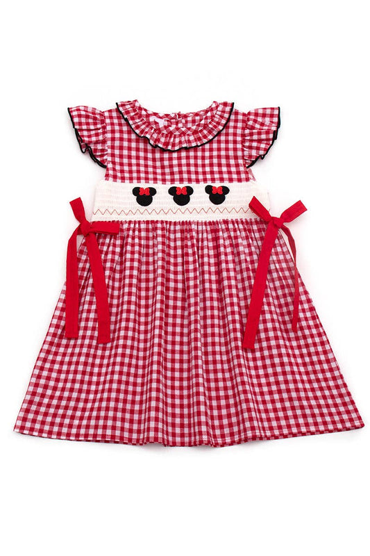 Red gingham smocked ruffle dress