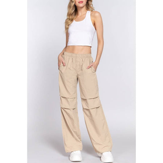 Paperdoll - WAIST ELASTIC PARACHUTE PANTS: NEW KHAKI / L