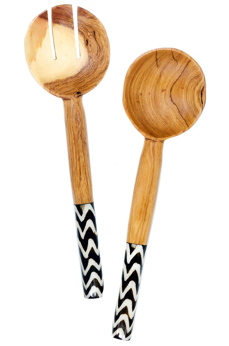 Olivewood Salad Servers with Zebra Striped Bone Handles