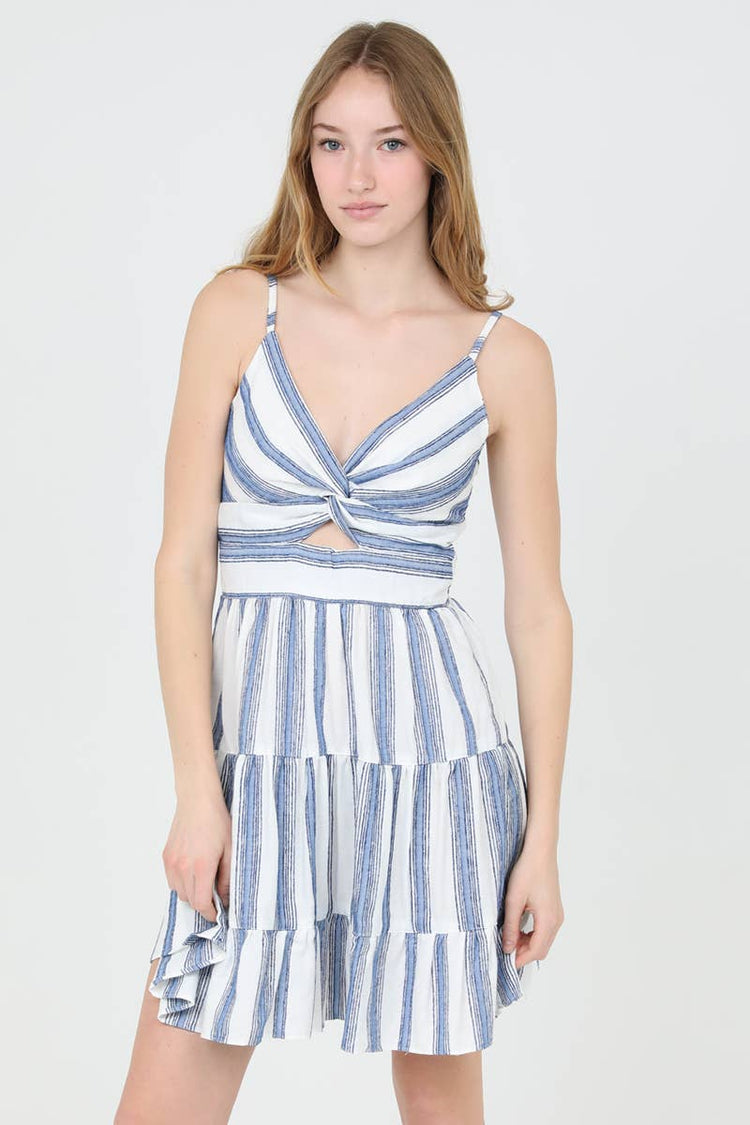ANGIE - C4143-PAN51 STRIPED V NECK TWIST FRONT CUT OUT SUNDRESS: M ANGIE - C4143-PAN51 STRIPED V NECK TWIST FRONT CUT OUT SUNDRESS: M