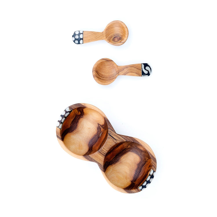 Double Wild Olive Wood & Bone Spice Bowl with Spoons