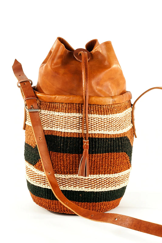 Earthtone Sisal Purse with Leather Cinch Top