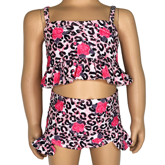 Girls 2 piece Leopard Rose Tankini Swimsuit Bathing Suit