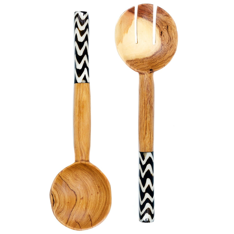 Olivewood Salad Servers with Zebra Striped Bone Handles