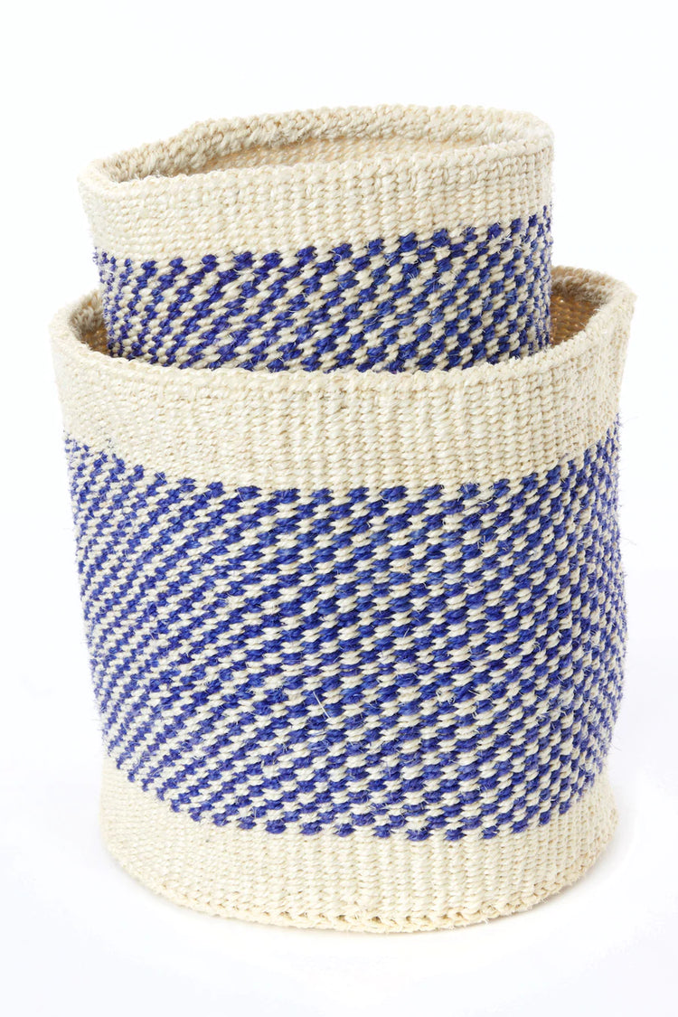 Blue and Cream Twill Sisal Nesting Baskets - Set of Two