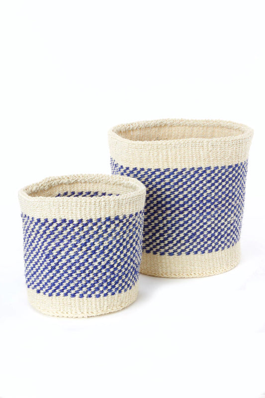 Blue and Cream Twill Sisal Nesting Baskets - Set of Two