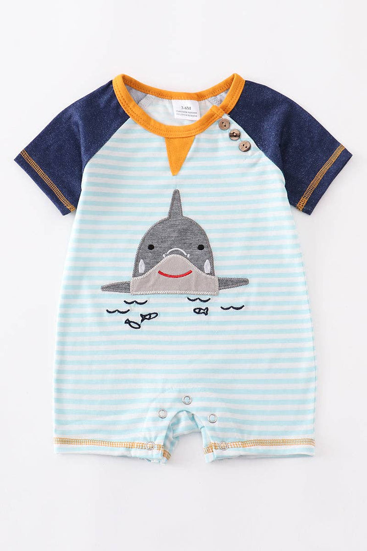 Blue stripe shark applique romper