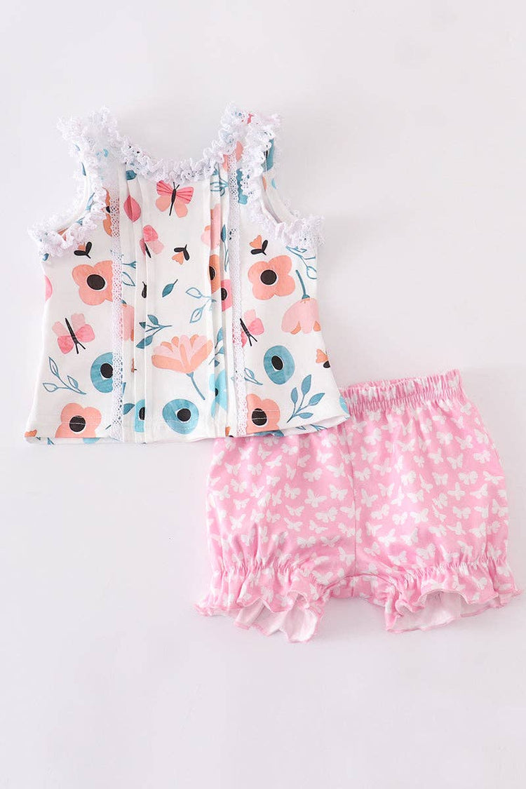 Pink floral  ruffle baby set