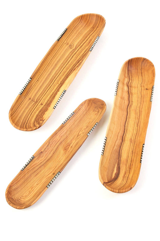 Wild Olive Wood Baguette Trays with Bone Inlay (Set of 3 )