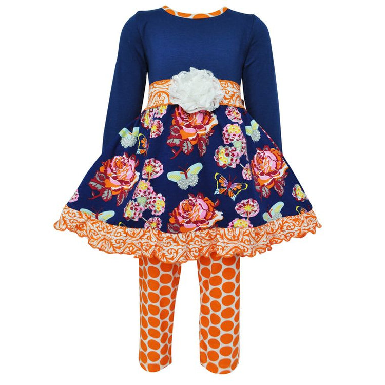 Blue Butterfly Floral Dress Orange Polka Dot Legging Set