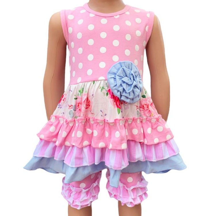 Girls Pastel Easter Shabby Floral Ruffle Dress & Capri Set