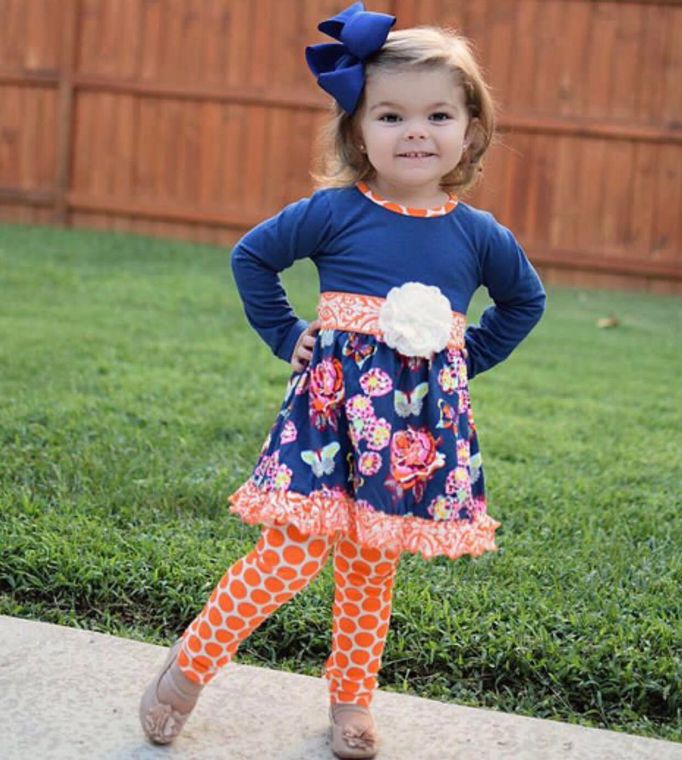 Blue Butterfly Floral Dress Orange Polka Dot Legging Set